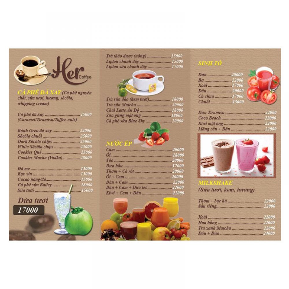 In menu tiệm trà sữa